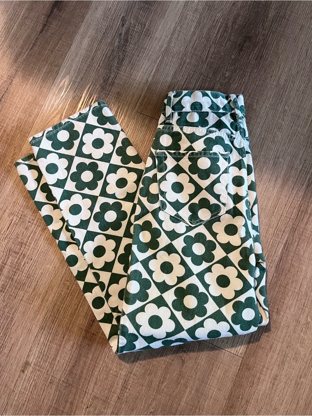 Pacsun Green & White Daisy Colorblock High Rise Jeans